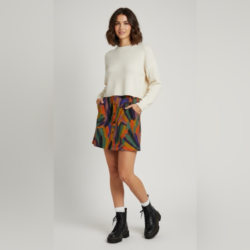 FARM Rio Colorful Button-Front Corduroy  Mini Skirt
